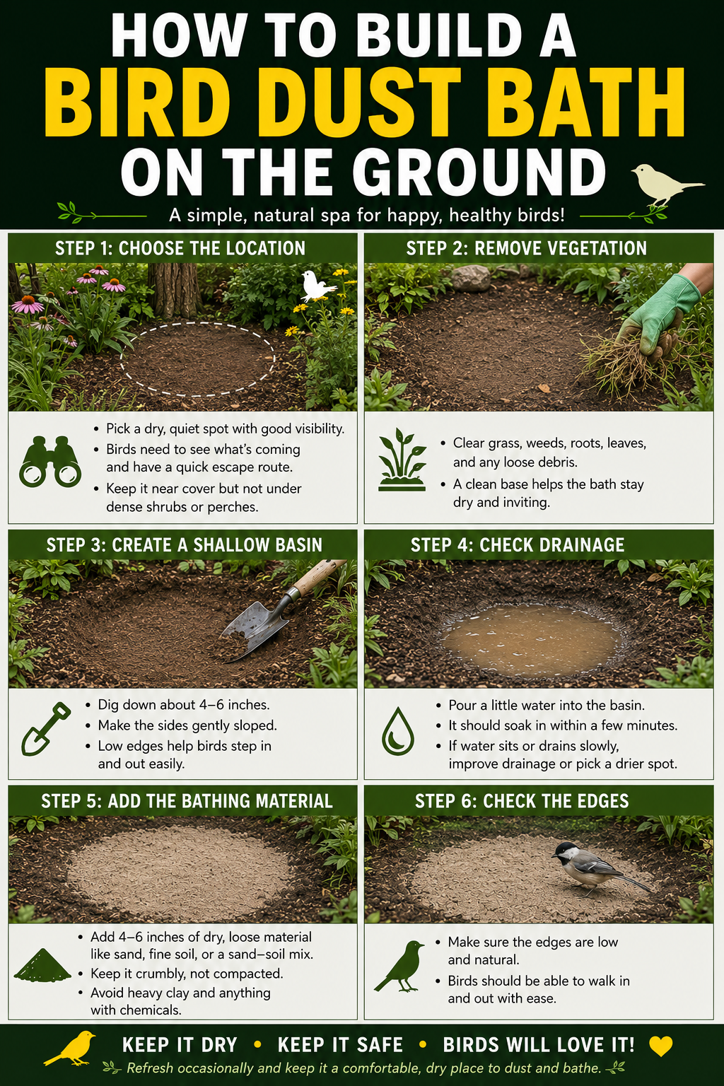 How to build a bird dust bath on the ground